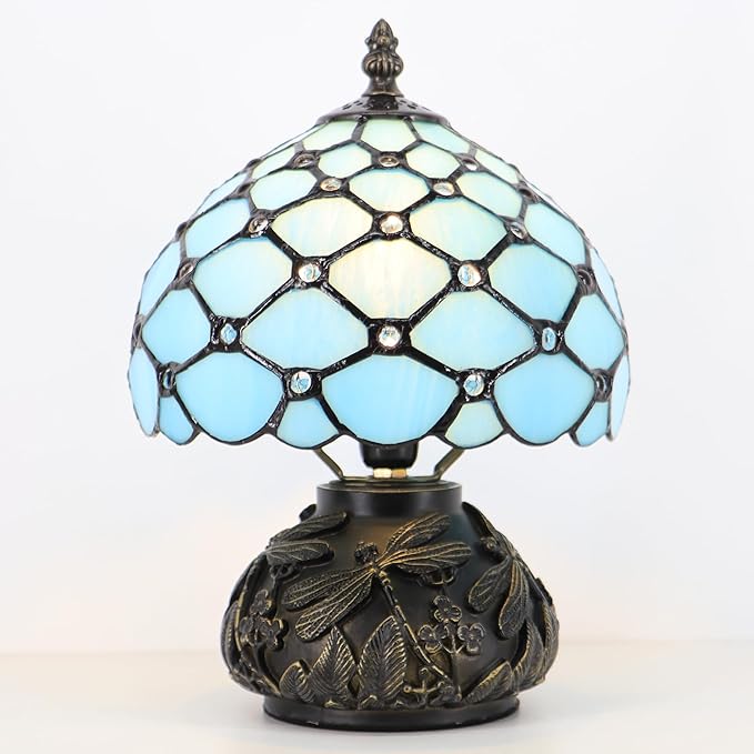 Small Tiffany Mushroom Table Lamp,Mini Memory Sympathy Antique lamp 8X11 Inch (Sea Blue Beads)