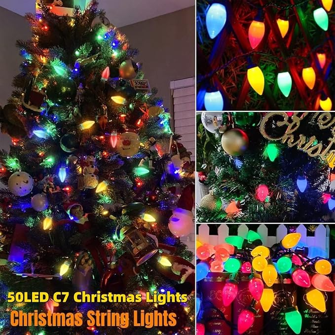 50LED C7 Christmas LED String Lights, 26Ft C7 Vintage Christmas Lights C7 Colorful Light Bulbs C7 Christma String Lights Plug in for Indoor Outdoor Party Backyard Wedding Christmas Decor