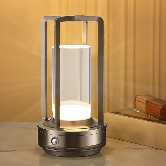 Portable Metal Table Lamp, Cordless Table Lamp, Rechargeable Battery Powered Portable LED Desk Lamp, 3 Color Stepless Dimming Touch, for Bedroom Restaurant Home Outdoor (Grey)