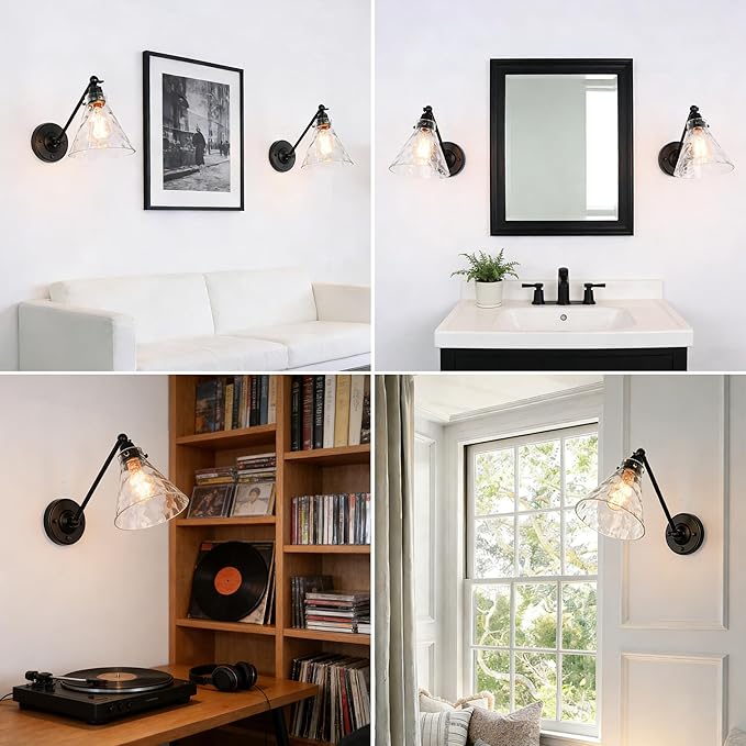 Industrial Vintage Slope Pole Wall Mount Single Sconce with Funnel Flared Clear Glass Shade, Swing Arm Wall Sconce Light Lamp Fixture Hardwired