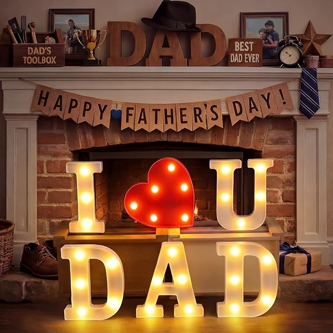 6 Pcs Fathers Day Decorations Love You Dad LED Letter Light Sign Battery Powered Father's Centerpieces Gifts Fathers Day Decorations for Dad from Daughter Son for Home Party