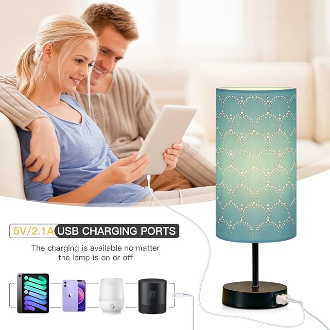 Touch Control Bedside Lamp with 2 USB Ports, 3-Way Dimmable Table lamp for Bedroom, Nightstand Lamp with Round Blue Fabric Shade for Living Room Home Office (E26 LED Bulb Included)