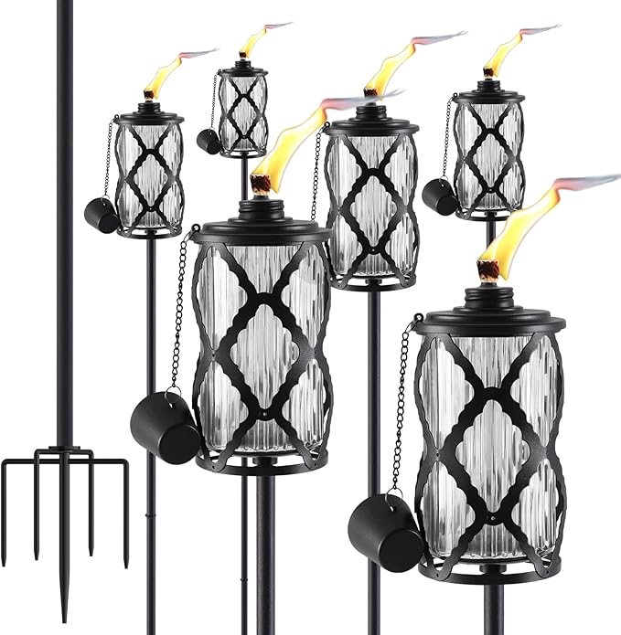 6 Pack Gray Glass Garden Torch,59-Inch Outdoor Torch Garden Décor, Upgraded 16 oz Citronella Torches with 5-Prong Grounded Stake,Metal Light Torches for Party Patio Pathway
