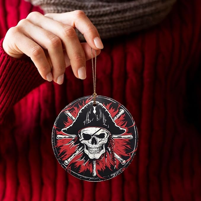 Retro Skull Pirate Christmas Ornaments, Christmas Decorations Xmas Tree Hanging Ornaments, Round Ceramic Festive Keepsake Gift for Xmas Decorations Holiday Home Decor