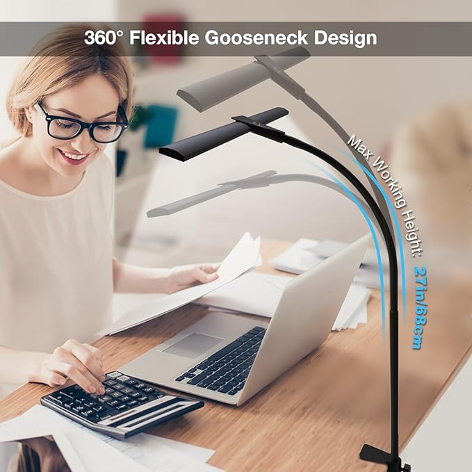 Desk Lamp for Home Office, Double Head Desk Light with Clamp, Dimmable 5 Color Modes Task Lighting, Eye-Caring Architect Table Lamp for Workbench, Dual Monitor, Study, 1400lm