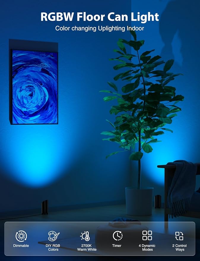 Onforu 7W RGBW Floor Can Light, Color Changing Up Lights Indoor with Foot Switch Spotlight 2700K Uplighting Indoor Uplights for Plant Corner 2 Pack