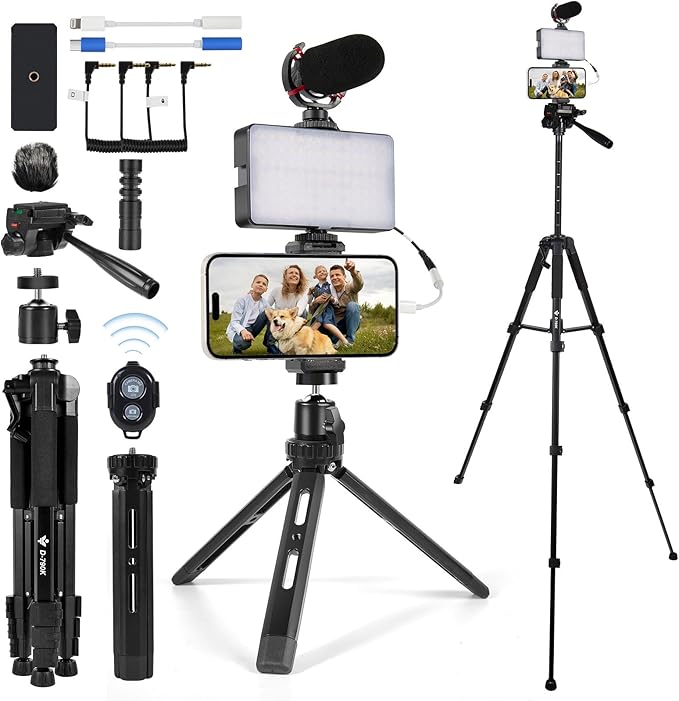 Vlogging Kit for iPhone, Android with Full Size Tripod, Tripod, Phone Stand, LED Light and Shotgun Microphone for Video Calling, Vlogging, YouTube, Instagram, TikTok