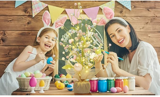RoseCraft Easter Decorations, 18 Inch Pre-Lit Easter Egg Tree Tabletop Decor with Delicate Ornaments, for Home Party Wedding Holiday Spring Summer Decoration, Green/White/Pink.