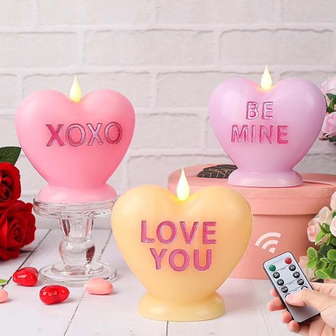 3 Pack Valentine's Day Candles Heart Candle Flameless Candles Flickering Battery Operated LED Heart Shaped Candles with Realistic Warm Flame Effect Romantic Decor for Wedding Anniversary