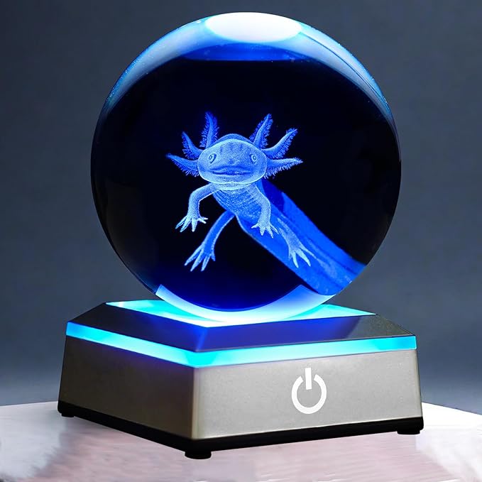 3D Axolotl Crystal Ball Night Light With LED Colorful Touch Base - 3.15 Inch Glass Ball Lamp for Birthday, Christmas - Cool Toy Gifts for Boys Girls Kids - Axolotl Figurines Home Decor
