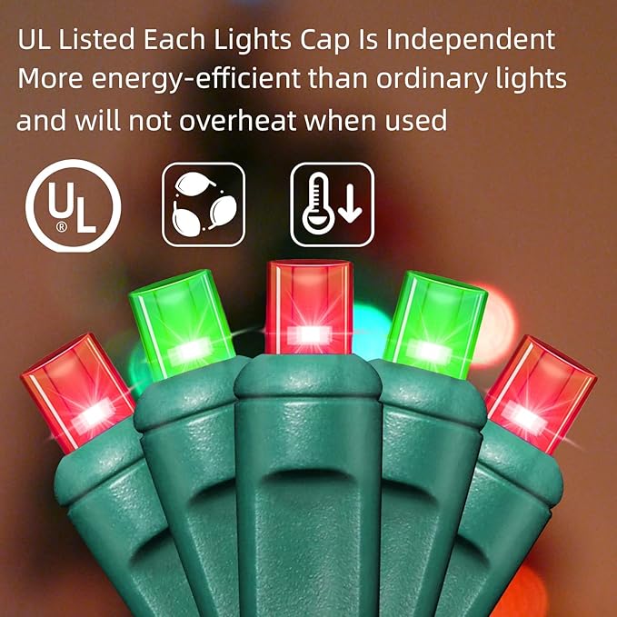 LAMPHOME 100Count (2pk of 50L) String Lights, LED Christmas Lights, 6" SPACING,Green Wire,Red and Green