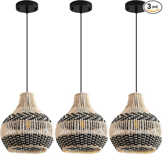 3-Pack Rattan Pendant Light,11" Hand-Woven Black Faux Boho Wicker Pendant Light Mini Rattan Hanging Light Fixture Farmhouse Woven Chandelier for Kitchen Island Bedroom Dining Room