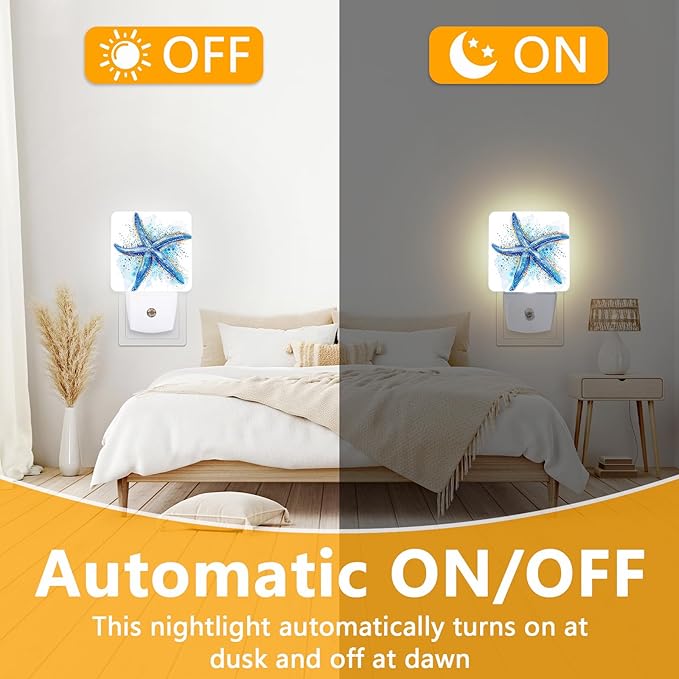 Watercolor Starfish Night Light, Plug-into Sea Beach Nightlight White LED Lamp, Energy Efficient Decor Desk Lamp for Bedroom Hallway Stairs Bathroom