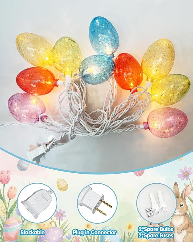 SUNSGNE Easter Egg String Lights, 8.5ft Easter Decorative Lights with 10 Clear Colorful Egg Bulbs for Outdoor Bedroom Party Holiday Home Tree Decoration