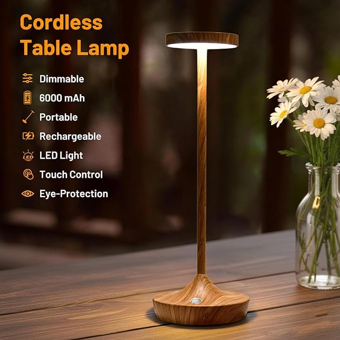 Cordless Table Lamp Rechargeable - 6000mAh LED Battery Operated Table Light - Portable Touch Dimmable Outdoor Waterproof Table Lamps for Patio Bar Restaurant Dining (Bamboo Pattern)
