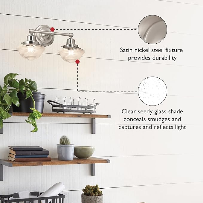 Design House Vintage-Inspired Schoolhouse 2-Light Dimmable Vanity Light, 16.875 in x 7.625 in x 9.5 in, Satin Nickel, Clear Seeded Glass Shades, 589135-SN