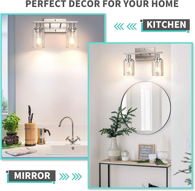 ShineTech 2-Light Bathroom Light Fixtures, Modern Vanity Lights with Clear Glass Shade, Brushed Nickel Bathroom Vanity Light Over Mirror, Living Room