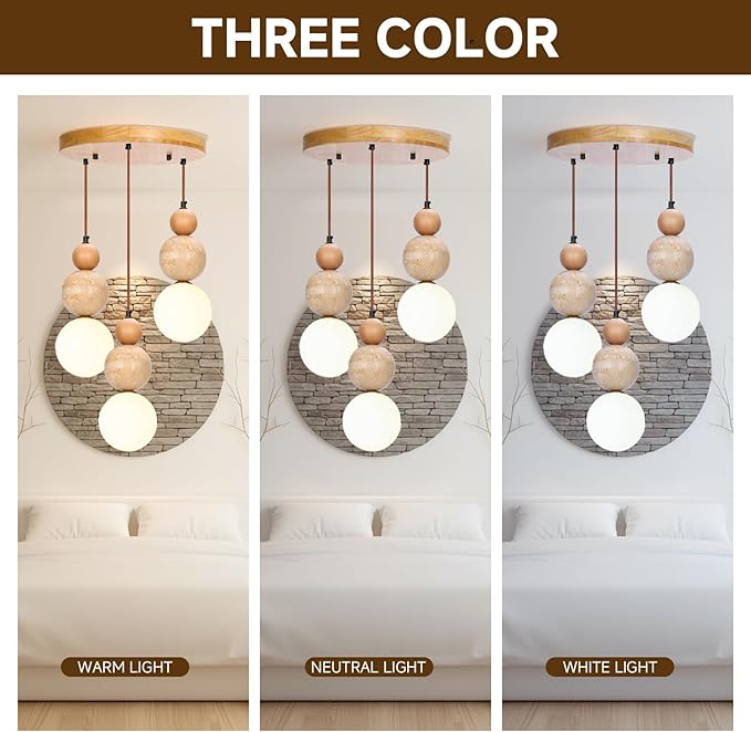 Wabi Sabi Pendant Light,3-Light Travertine Stone Fixture-Japandi Japanese Style Lamp,Nordic Wood Chandelier,Spherical Scandinavian Pendant Light Suits Kitchen Islands,Dining & Living Rooms(Log Color)