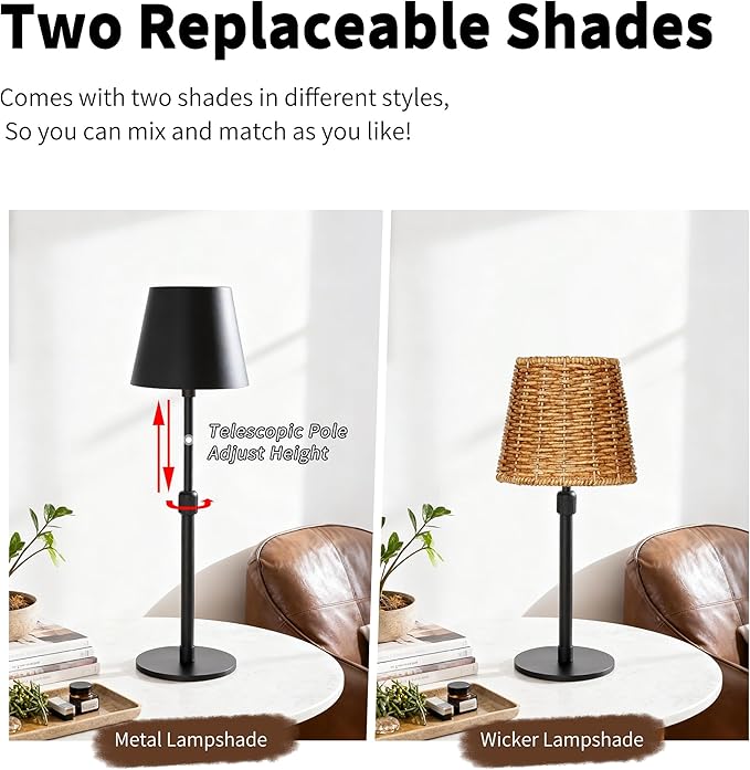 Mr.White Outdoor Waterproof Rechargeable Cordless Table Lamp with Telescopic Pole & Wicker Shade, 5200mAh Battery Operated Table Light with Touch Control, for Patio Restaurant Kitchen (Black 2 Pack)