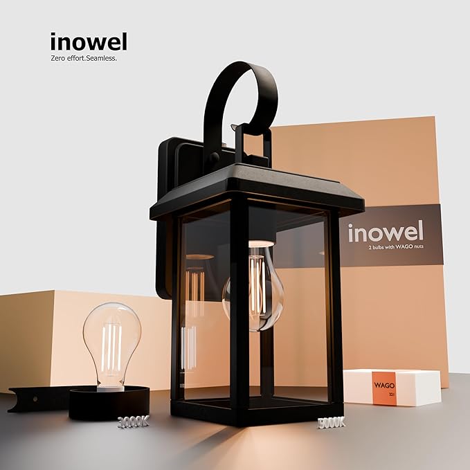 2 Pack Modern Outdoor Wall Light Sconce Dusk to Dawn Aluminium Porch Front Door Garage,2 Bulbs Included,3000K 5000K,Wall Mount Waterproof Outside Lantern,Lever Nuts Included,Easy Assembly,Black,2 Pack