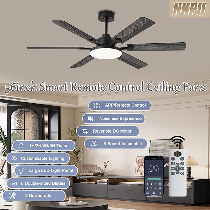 56 Inch Ceiling Fans with Lights, Modern Black Ceiling Fan with Light and Remote Control, 6 Double Sided Blades, 6 Speed Reversible Motor, Dimmable LED, Silent Timing, Indoor Outdoor Patio Use