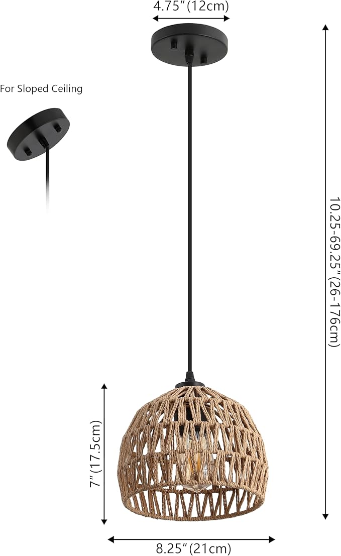JONATHAN Y 8.25" Brown Modern Bohemian Woven Rope LED Pendant Light Fixture, Adjustable Dome Ceiling Lamp for Kitchen Island, Rope Shade, Coastal Farmhouse Decor (JYL6512E)