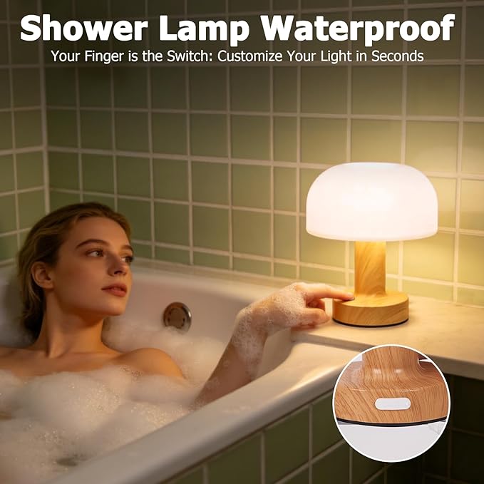 Waterproof Shower Lamp Cordless Rechargeable Mushroom LED Light, IP65 Waterproof Bathroom Lamp Portable Touch Light for Shower, Shower Light Bathroom Bathtub Decor Indoor Outdoor Use