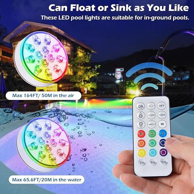 Pool Lights with Remote Control, 16 Colors, IP68 Waterproof, Rechargeable Submersible LED Lights, Suitable for Above-ground and In-ground Pools, Hot Tub, Aquariums, Ponds, Party Decorations, 2 Pack