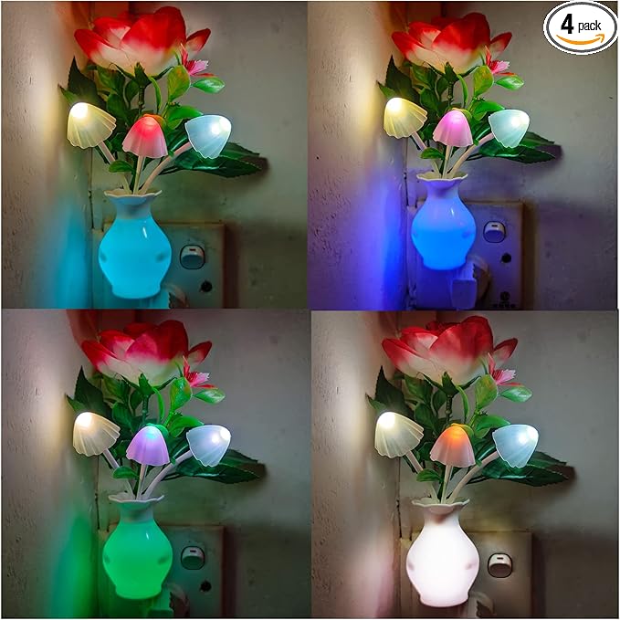 AUSAYE 4 Pack Sensor LED Night Light Plug-in Nightlight, Color Changing Mushroom Lamp Flower Night Lights for Kids Adults Bedroom, Bathroom, Nursery, Kitchen, Basement