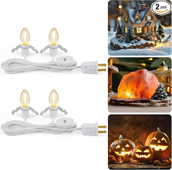 Brightown Accessory Cord with 2 LED Light Bulbs - UL Listed 5 Feet Christmas Village Cords, Rotary Switch, Fused Plug for Crafts, Halloween Pumpkin, Holiday Ornaments, White Cord, Warm White, 2 Pack