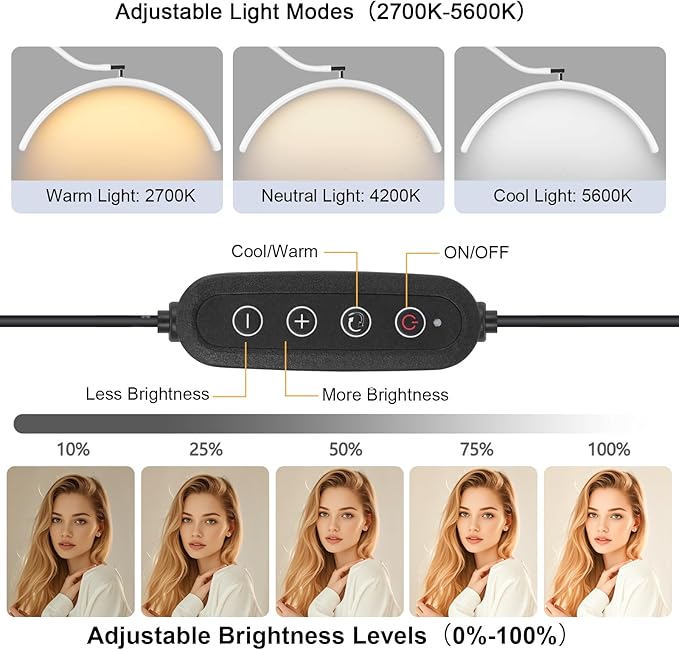 Half Moon Lash Light for Eyelash Extensions & Estheticians, Dimmable LED Lash Lamp with Flexible Gooseneck, Shadow-Free Moon Light for Lash Tech, Tattoo, SPA, Eyelash Lamp (White)