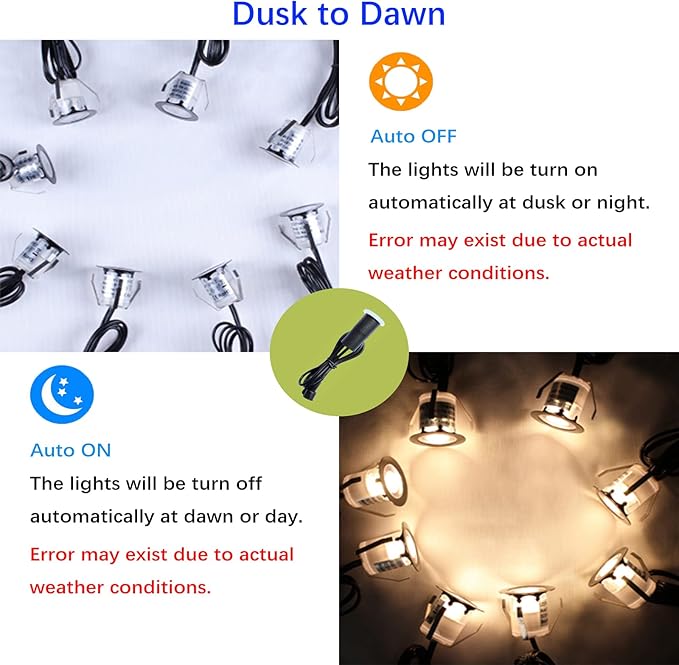 LED Outdoor Deck Lights with Photocell, Warm White Φ1.18in Low Voltage 12V DC IP67 Waterproof, Electric Wired Recessed Round Up Landscape Lighting for Outside Stair Step Riser, 8 Pack Black