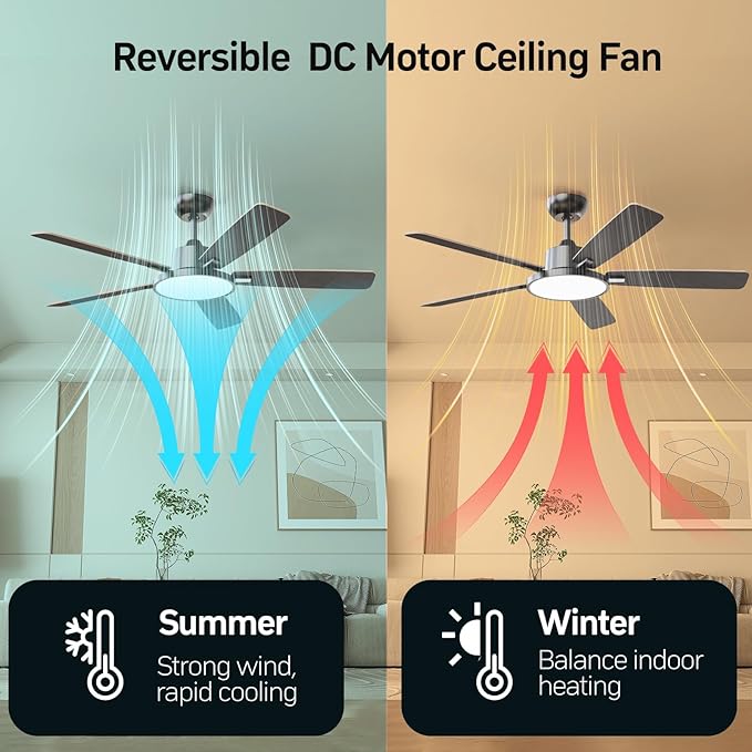TALOYA 52 Inch Black Walnut Ceiling Fans with Lights Led Back Light Remote Control Flush Mount Low Profile for Bedroom Living Room Outdoor Patio,Reversible,DC Motor,3 Color Temperatures,5 Blades