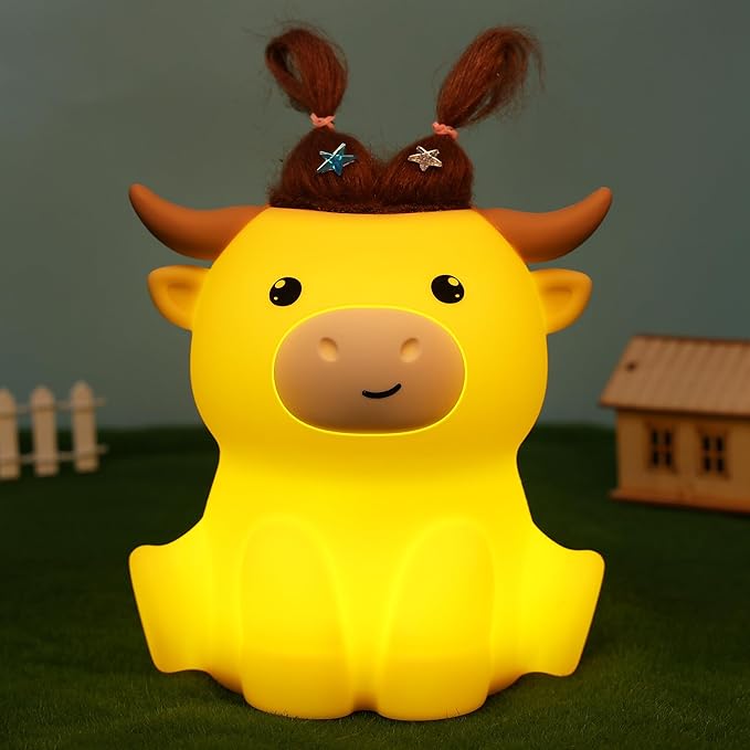 Highland Cow Night Light, Fluffy Cow Squisy Lamp for Kids, Soft Silicone Animal Nightlamp with 2 Levels Dimmable & 20 Mins Timer, Rechargeable LED Light Gifts for Baby Boys Girls
