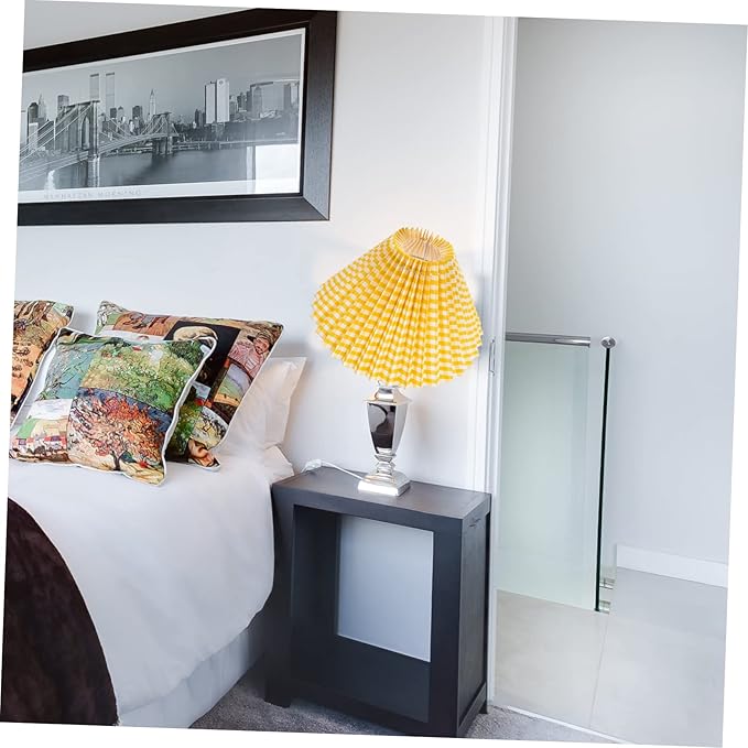 Vaguelly Small Pleated Drum Lampshade for Table Lamp Iron Frame with Yellow Plaid Fabric Easy Installation for Bedroom Living Home and Office Use