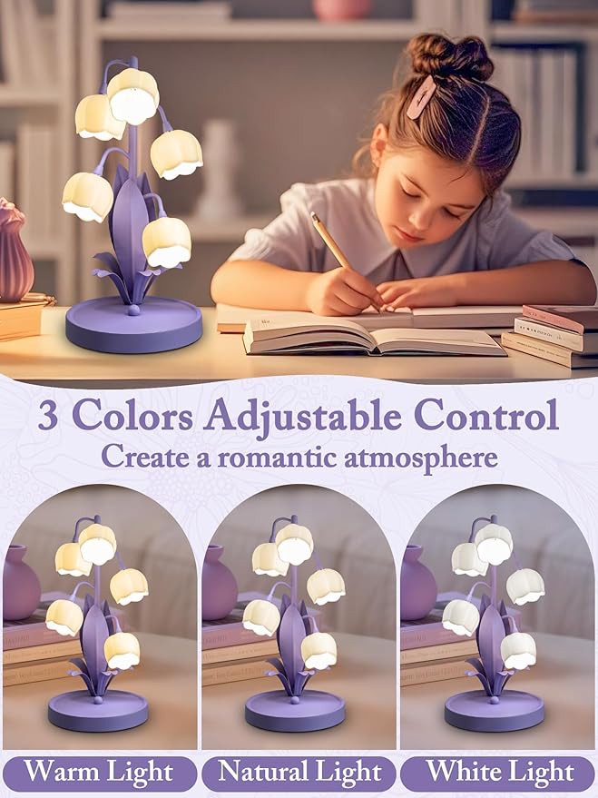 Flower Lamp for Home,Bedside Vintage Table Lamps,5 Lily of The Valley Reading Lights,3 Colors Modes Kawaii Bedside Lamp Decor,with G4 Bulb Nightstand Light for Living Room Office Bedroom (Purple)