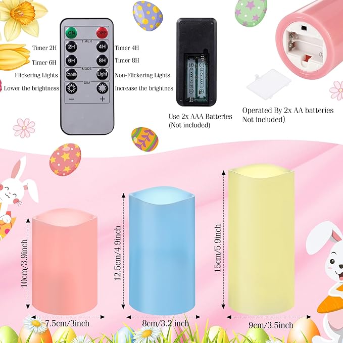 VIHOSE Pastel Flameless Candles Battery Operated Flameless Pillar Candles Real Wax Fake Candle with Remote and Timer Flickering for St. Patrick's Easter Gift Home Party