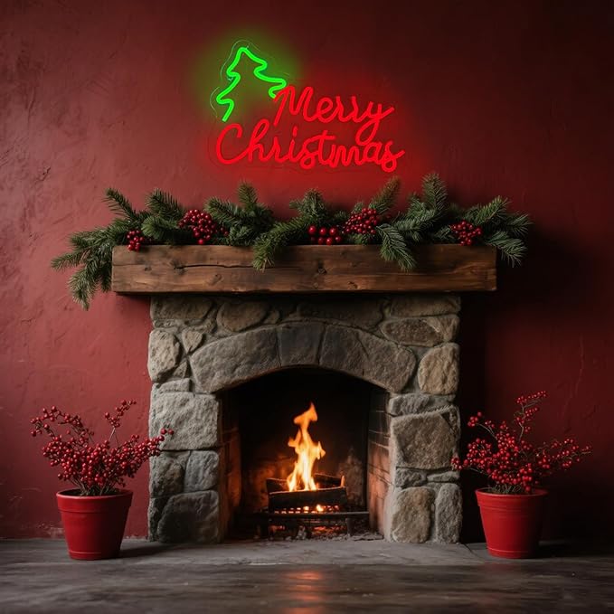 Merry Christmas Tree Neon Sign with Decorations - Holiday Wall ArtMerry Christmas Tree Neon Sign with Decorations - Holiday Wall Art