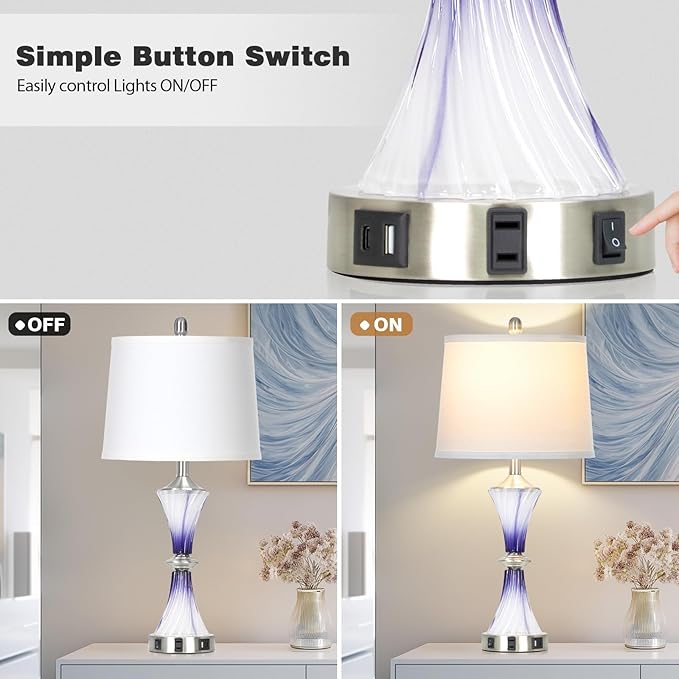 Purple Glass Table Lamp Set of 2 with USB C+A Ports & AC Outlet, Bedside Lamp, Modern Bedroom Lamps, Crystal Lamp for Night Stands Bedroom Living Room,Nightstand Lamp LED Bulbs Included