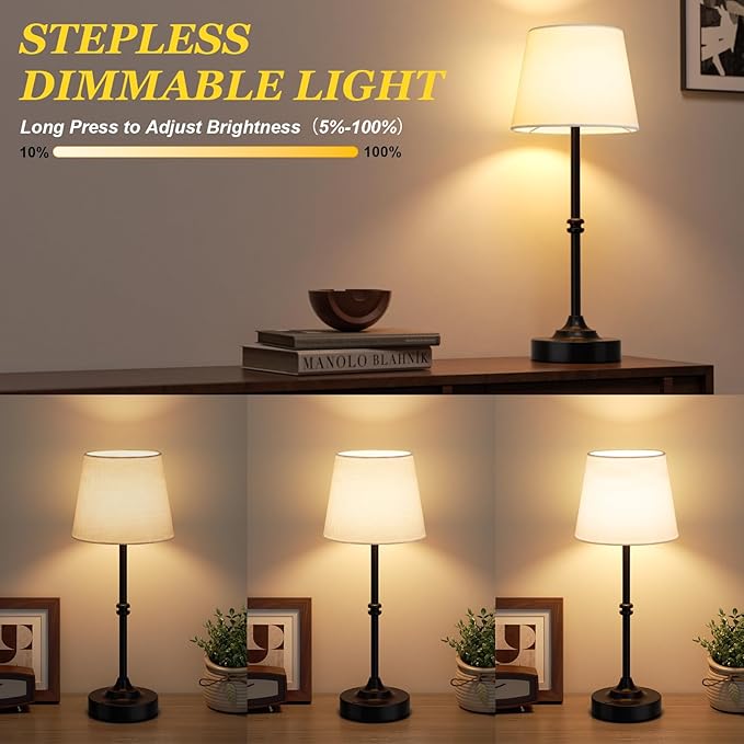 Kakanuo Rechargeable Cordless Table Lamp Black - 2 Pack 4000mAh Battery Operated Lamp, Touch Control Stepless Dimming, for Home Decor, Dining Table, Living Room, Bedroom