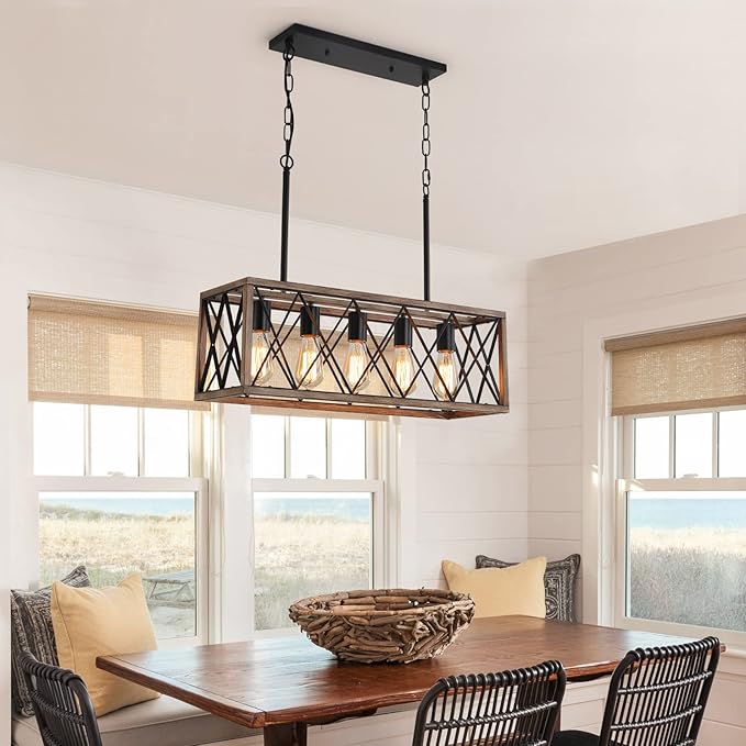 KEESFU 5-Light Dining Room Light Fixture, Farmhouse Kitchen Island Lighting,Adjustable Height Pendant Light, Rustic Linear Chandelier for Kitchen, Dining Room Table, Pool Table. (Wood Grain Color)