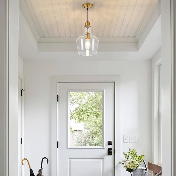 9” Seeded Glass Pendant Light Modern Brass 1 Light Single Dome Bubble Pendant Lighting Fixtures for Kitchen Island Dining Room Hallway, UL Listed