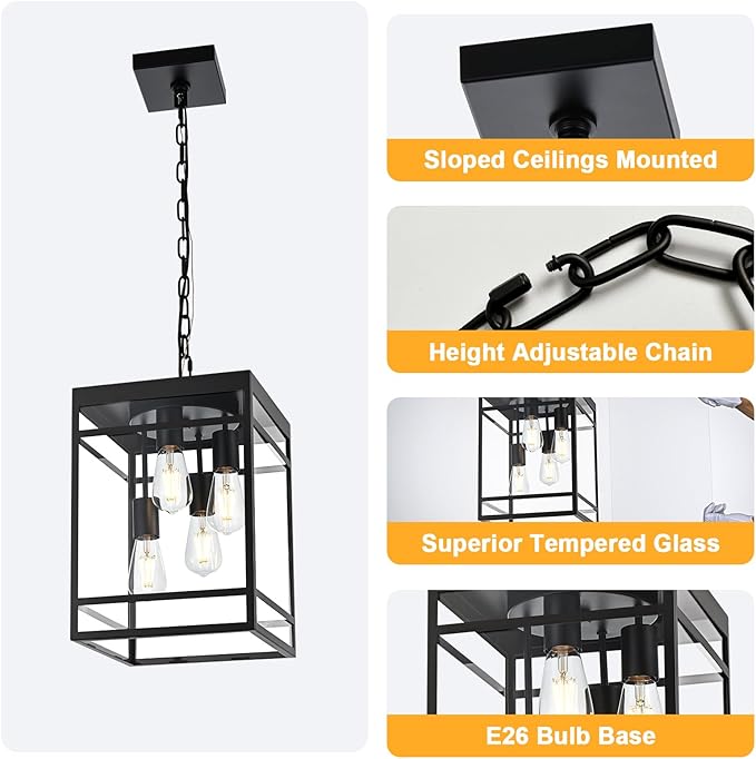 4-Light Outdoor Pendant Lights for Porch, Black Outdoor Chandelier 15.7'' Large Exterior Hanging Porch Light Fixtures with Clear Glass, Waterproof Outside Pendant Lantern for Garage Foyer