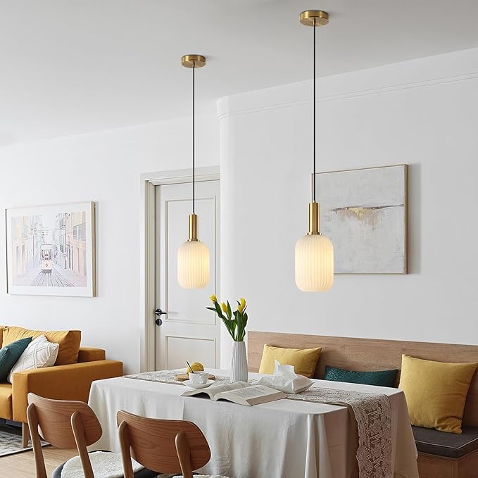KCO Lighting Modern White Ribbed Pendant Light Small 1-Light Milk Glass Kitchen Lighting Fixtures Ceiling Mount Mid Century Frosted Globe Pendant Light Single Brushed Gold Hanging Lighting, 13cm