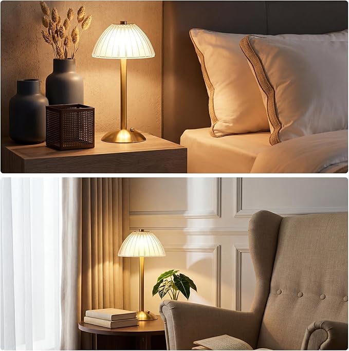 Liliful 2 Pcs Cordless Table Lamp Rechargeable Touch LED Small Gold Portable Battery Operated USB-c Desk Lamp 3 Color Dimmable for Bedroom Living Room Dining (Gold,Mushroom Style)