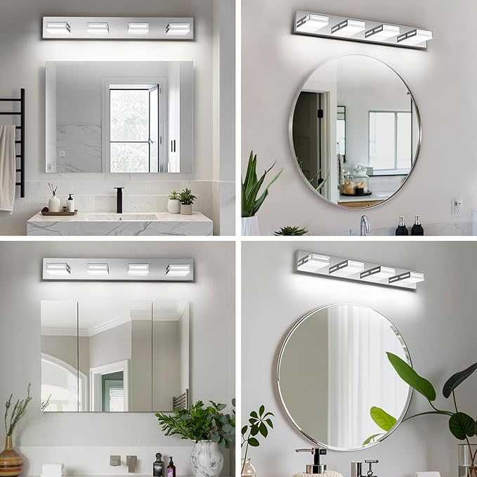 30-Inch 4-Light LED Modern Chrome Bathroom Vanity Light Fixtures Over Mirror, Bathroom Lighting Fixtures with Cool White 6000K, Rotatable Vanity Wall Lights for Bath Restroom Powder Room