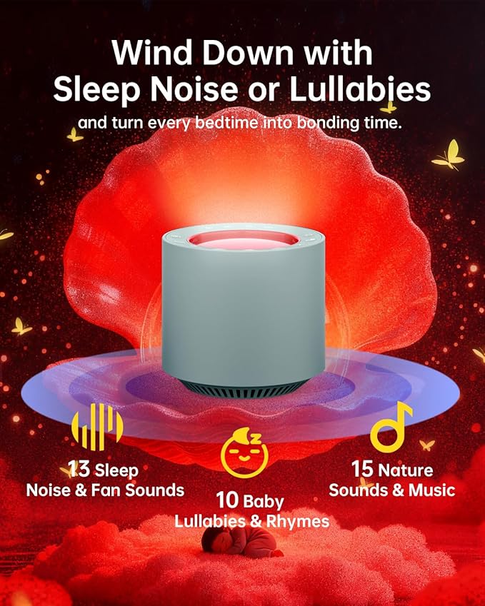 Sleep Sound Machine: Red Light Therapy White Noise Sound Machine with 38 Soothing Sounds & Calming Womb Soother, Memory Function, Dimmable Nursery Night Light with Timer for Baby Adult Gift (Slate)