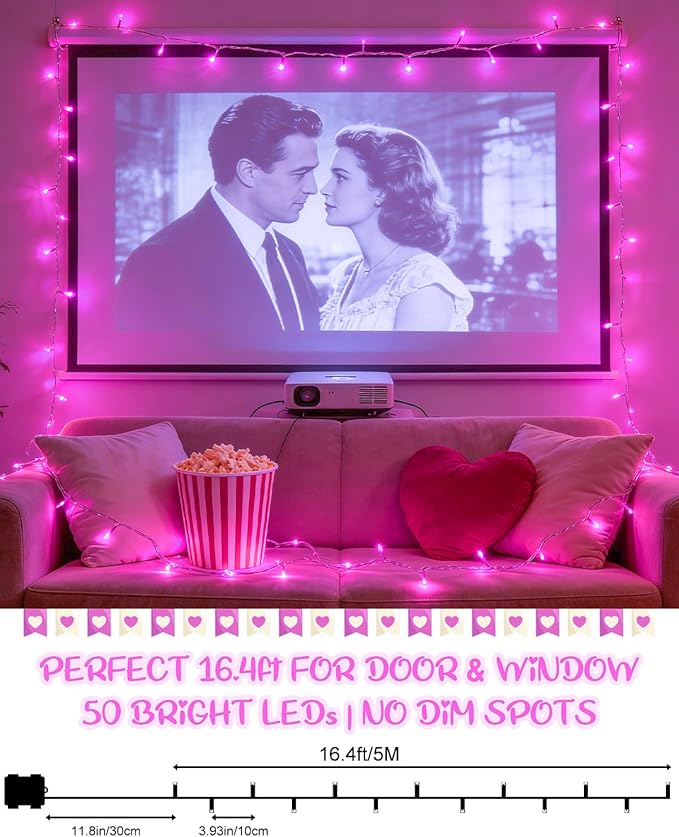 Pink String Lights Battery Operated, Valentine’s Day Lights with Timer Waterproof 16.4ft 50 LED Valentines Decorations for Outdoor Indoor Patio Party Garden Yard Decor 2 Packs