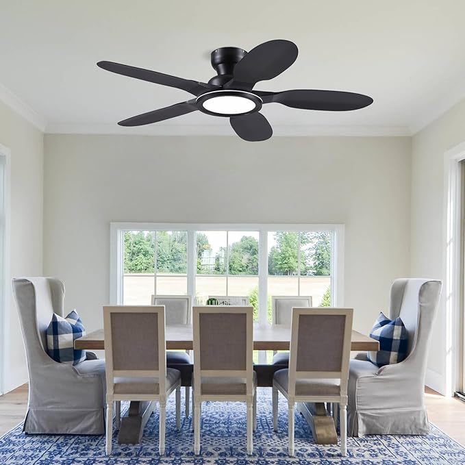 Ceiling Fans with Lights and Remote/APP Control, 52 inch Low Profile Ceiling Fans with Dimmable White + RGB Ring Lights, 6 Speeds 5 Curved Blades for Kids Room Bedroom Bar, Black