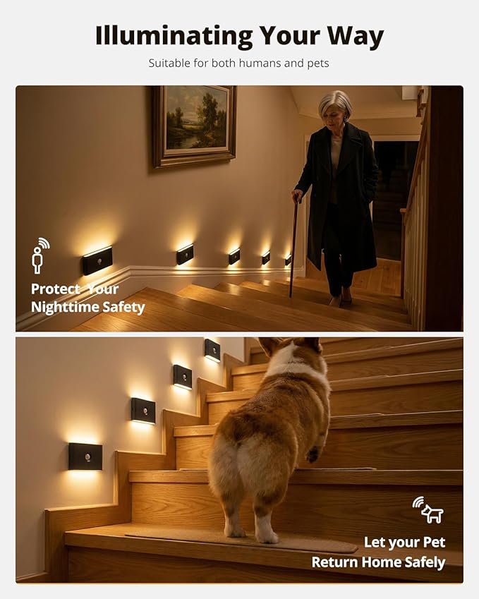 wowatt Rechargeable Motion Sensor Stair Light, Black Night Lights with Magnetic Mount, Dimmable Stair Lights Indoor for Stairway, Hallway, Kitchen, Bathroom(3 Packs)